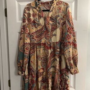 Women’s Brown and Orange Long Sleeve Dress with Mandarin Collar SIZE 2XL